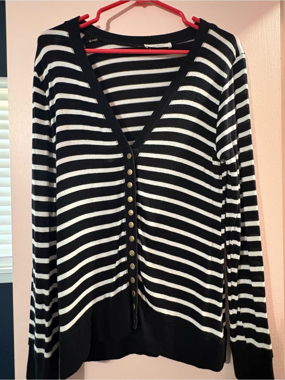 Zenana Outfitters Black and White Striped V-Neck Button Cardigan